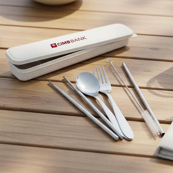 Stainless Steel Cutlery Set with Straw in Wheat Case