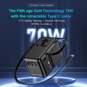 70W GaN Bon Travel Adapter with Retractable Cable