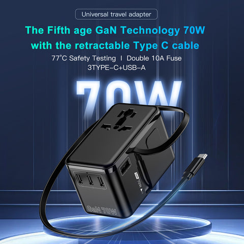 70W GaN Bon Travel Adapter with Retractable Cable