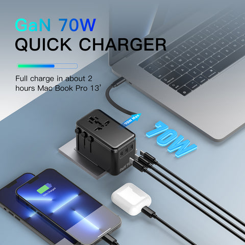 70W GaN Bon Travel Adapter with Retractable Cable